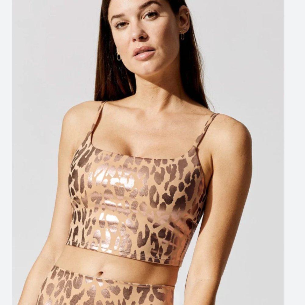 Carbon38 Metallic Leopard Print Cropped Sports Bra in Nude and Brown